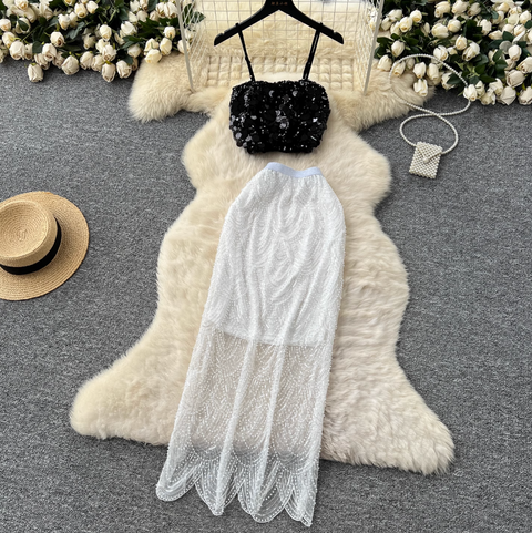 Sequined Camisole & Mesh Skirt 2Pcs
