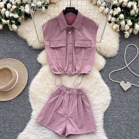 Drawstring Top & Wide-leg Shorts 2Pcs