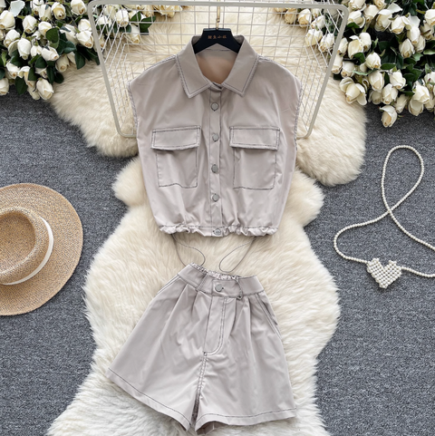 Drawstring Top & Wide-leg Shorts 2Pcs