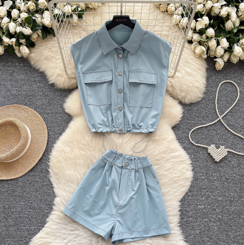 Drawstring Top & Wide-leg Shorts 2Pcs