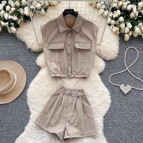 Drawstring Top & Wide-leg Shorts 2Pcs