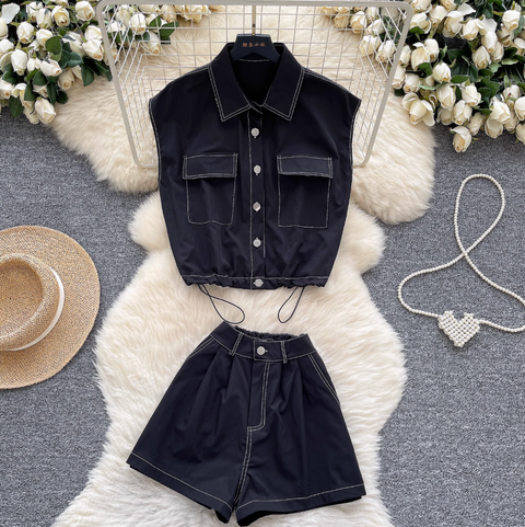 Drawstring Top & Wide-leg Shorts 2Pcs