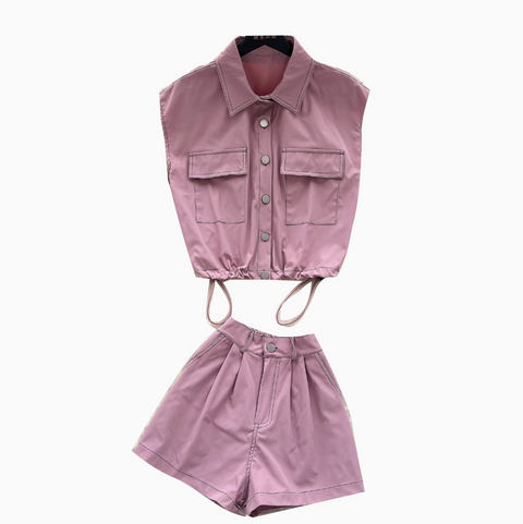 Drawstring Top & Wide-leg Shorts 2Pcs