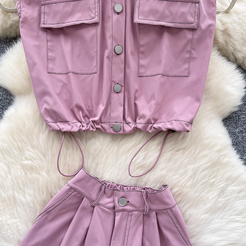 Drawstring Top & Wide-leg Shorts 2Pcs
