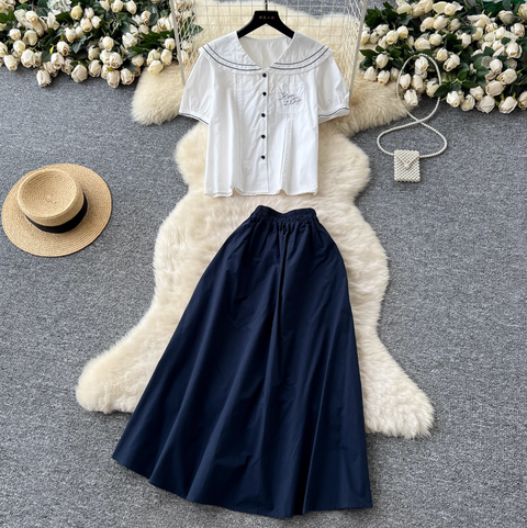 Mori Puffy-sleeve Shirt & Skirt 2Pcs