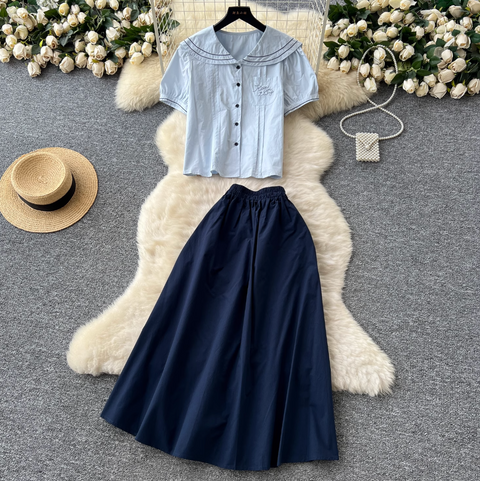 Mori Puffy-sleeve Shirt & Skirt 2Pcs