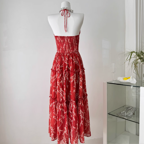 V-neck Backless Floral Halter Dress