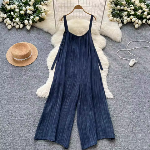 Simple Design Denim Blue Wide-leg Jumpsuits