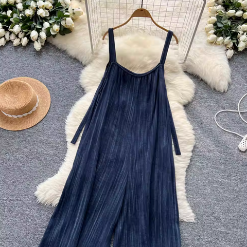 Simple Design Denim Blue Wide-leg Jumpsuits