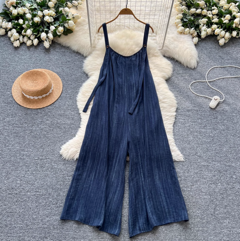 Simple Design Denim Blue Wide-leg Jumpsuits