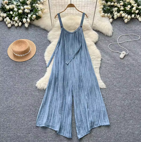 Simple Design Denim Blue Wide-leg Jumpsuits