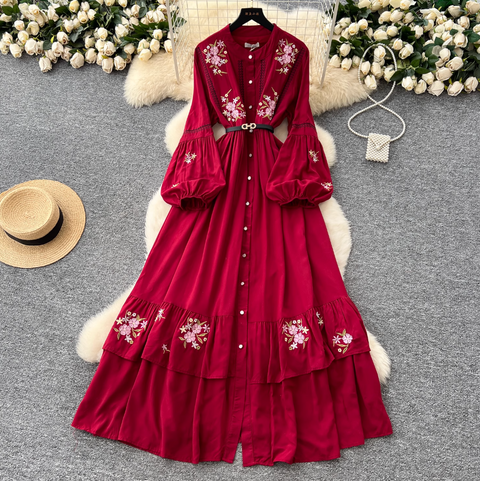 Courtly Floral Embroidered Shirt Dress