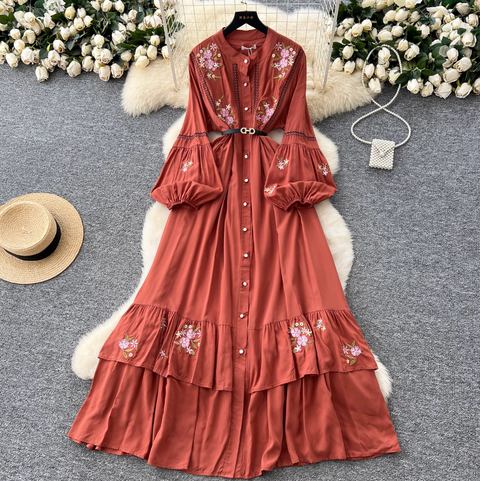Courtly Floral Embroidered Shirt Dress