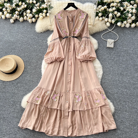 Courtly Floral Embroidered Shirt Dress