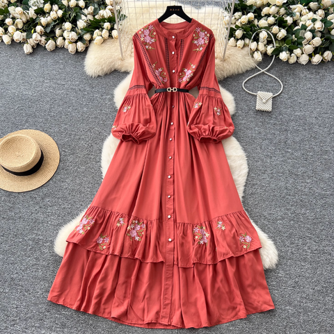 Courtly Floral Embroidered Shirt Dress