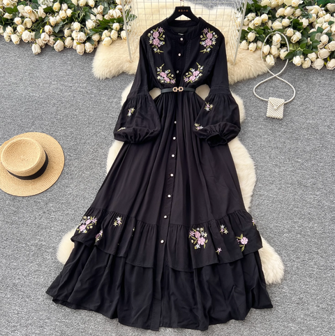 Courtly Floral Embroidered Shirt Dress