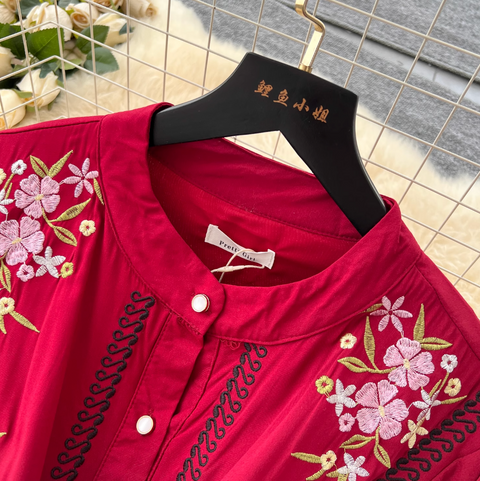 Courtly Floral Embroidered Shirt Dress
