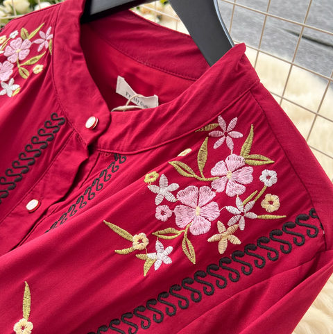 Courtly Floral Embroidered Shirt Dress