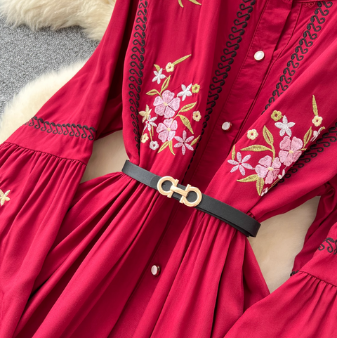 Courtly Floral Embroidered Shirt Dress