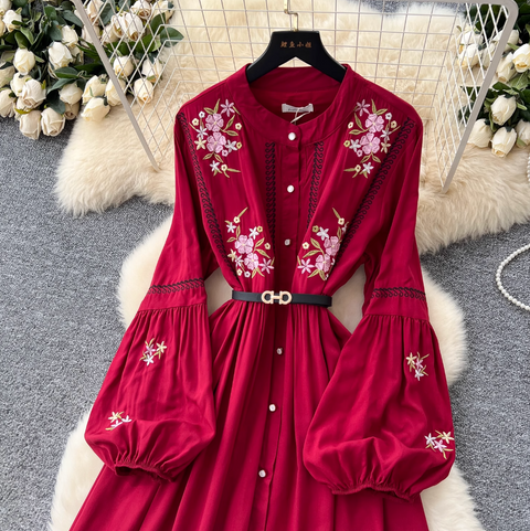 Courtly Floral Embroidered Shirt Dress