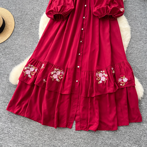 Courtly Floral Embroidered Shirt Dress