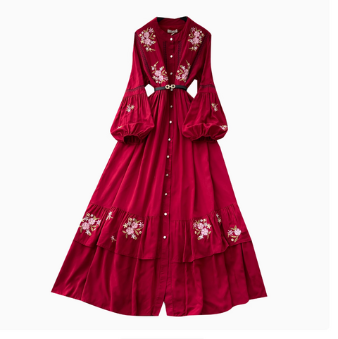 Courtly Floral Embroidered Shirt Dress