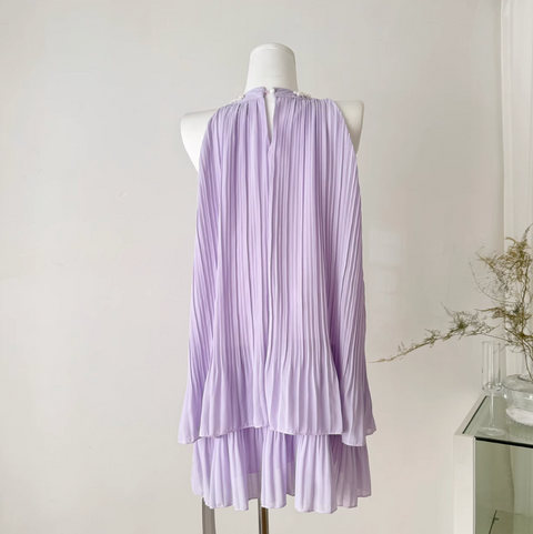 Purple Pleated Beaded Halter Dress