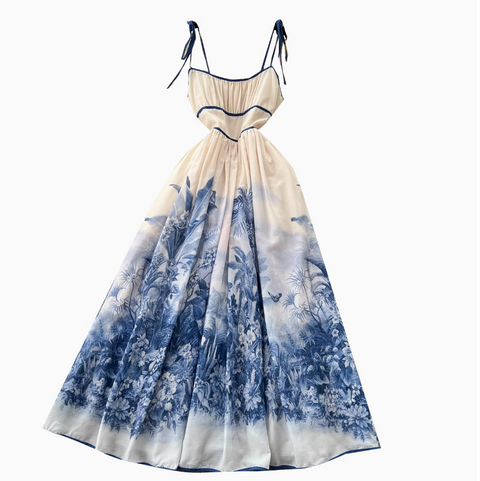 Ethnic Celadon Printed Lace-up Dress