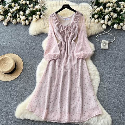 French Style Lace-up Pink Floral Dress