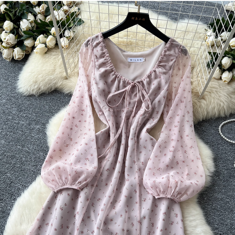 French Style Lace-up Pink Floral Dress