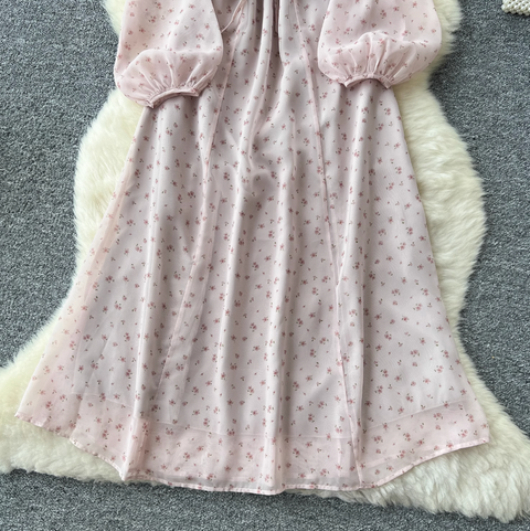 French Style Lace-up Pink Floral Dress