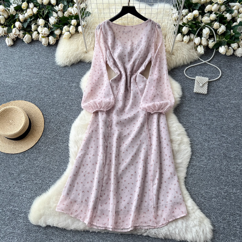 French Style Lace-up Pink Floral Dress