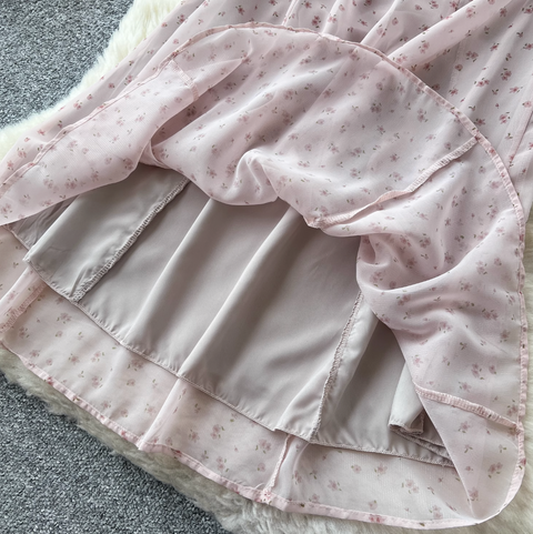 French Style Lace-up Pink Floral Dress