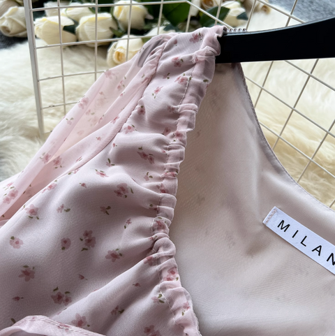 French Style Lace-up Pink Floral Dress