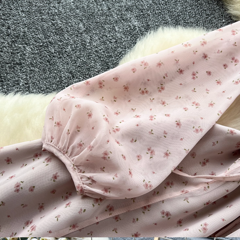 French Style Lace-up Pink Floral Dress