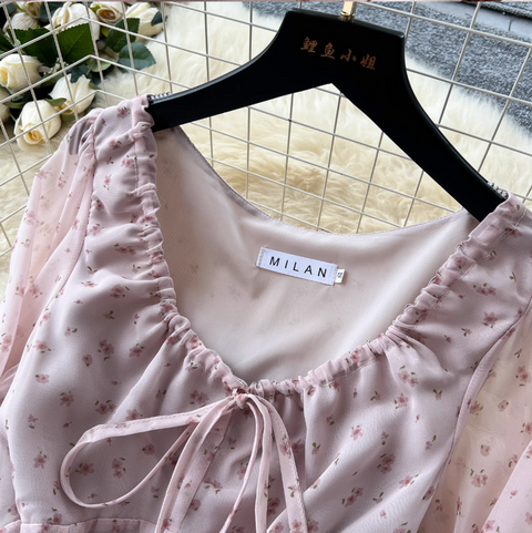 French Style Lace-up Pink Floral Dress