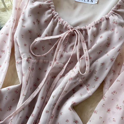 French Style Lace-up Pink Floral Dress