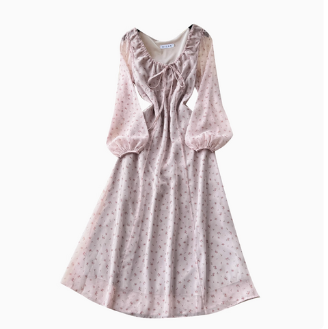 French Style Lace-up Pink Floral Dress