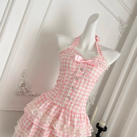 Sweetie Plaid Puffy Halter Dress