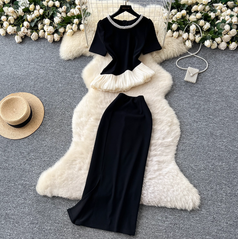 Beaded Asymmetric Top & Skirt 2Pcs