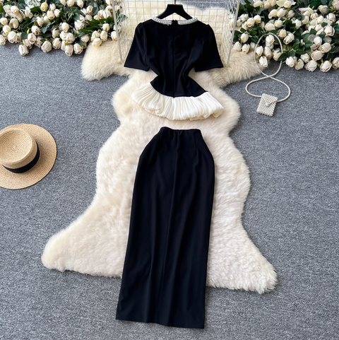 Beaded Asymmetric Top & Skirt 2Pcs