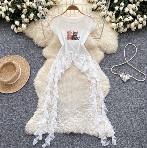 Kitty Printed Shirt with Lace Ribbon