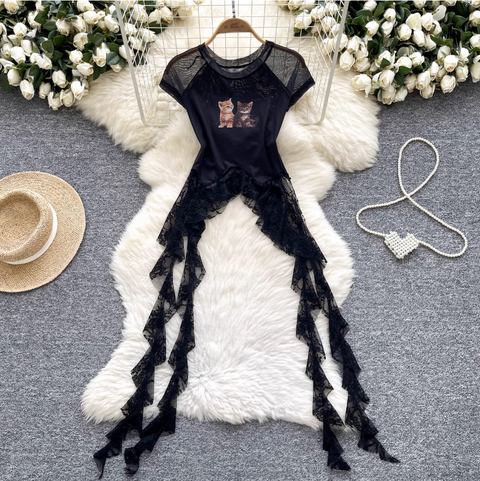 Kitty Printed Shirt with Lace Ribbon