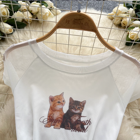 Kitty Printed Shirt with Lace Ribbon