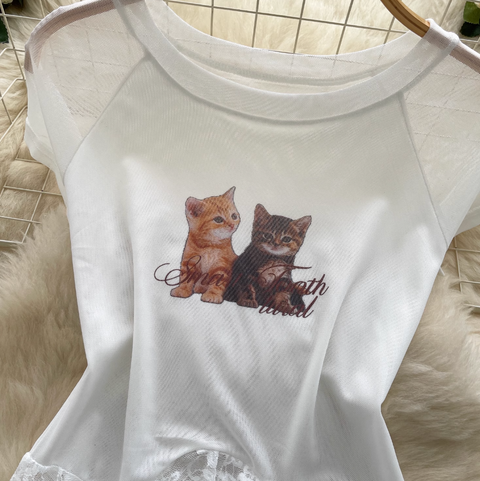 Kitty Printed Shirt with Lace Ribbon