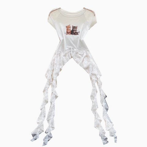 Kitty Printed Shirt with Lace Ribbon