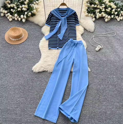 Striped Knitwear & Wide-leg Trousers 2Pcs