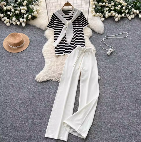 Striped Knitwear & Wide-leg Trousers 2Pcs