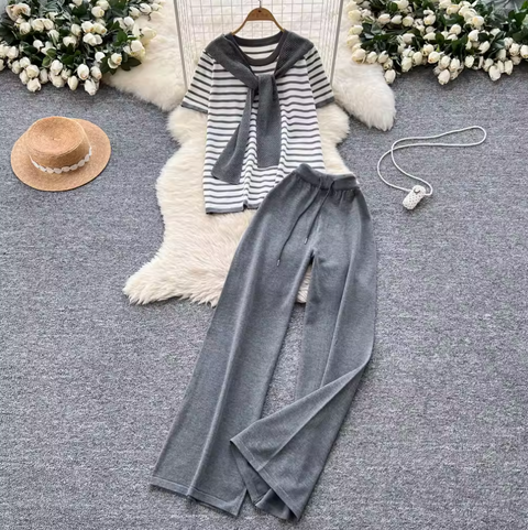 Striped Knitwear & Wide-leg Trousers 2Pcs