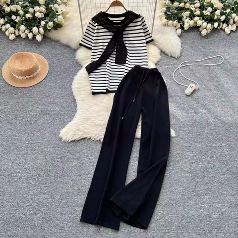 Striped Knitwear & Wide-leg Trousers 2Pcs
